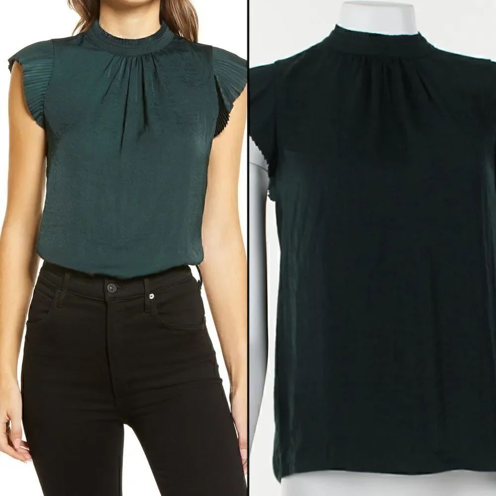 1. STATE Womens Green Pleated Flutter Mock Top